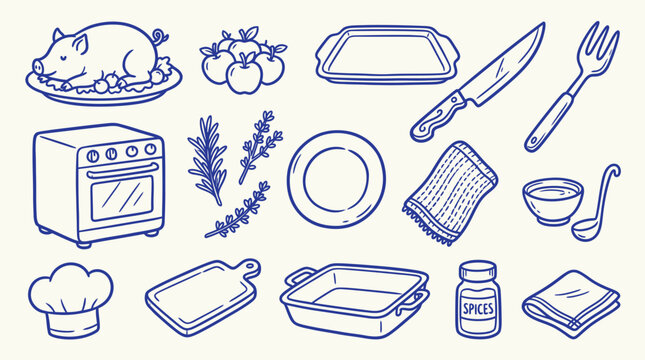 Collection of hand-drawn culinary icons including a roasted pig, oven, chef hat, and various kitchen utensils.