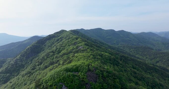Aerial view of Boryeongho Lake and green mountains, South Korea