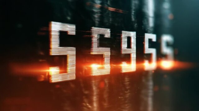 Digital Number Display: A close-up of digital numbers '55955' illuminated with an orange glow, suggesting technology or data processing, with a blurred, dark background.