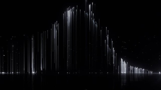 Abstract dark background with glowing white vertical particle lines forming a data wave or mountain shape, futuristic digital fiber optic rain with floor reflection.