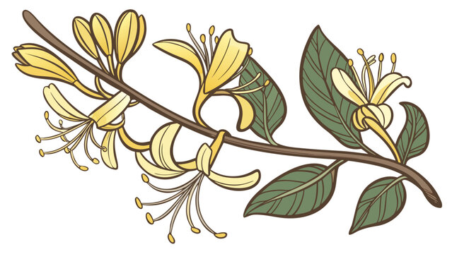 Decorative yellow honeysuckle branch botanical vector artwork.