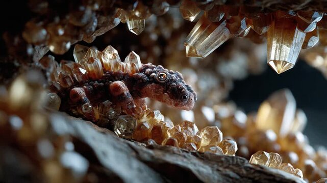 Crystal Cave Dweller: A tiny lizard with intriguing scales emerges from a geode-like formation, surrounded by sparkling amber and clear crystals, hinting at an unseen underground world.