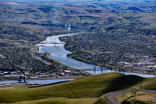 drone photo of the LC Valley showing the 3 bridges crossing the Clearwater and Snake Rivers connecting Lewiston ID and Clarkston WA Gateway to Hells Canyon.