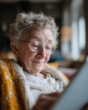 Grandmother smiles softly, eyes closed in gentle contentment. She wears glasses, wrapped in a cozy, textured blanket. Her hands hold a tablet, absorbed in quiet joy