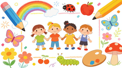 Naklejka premium Cute Hand Drawn Kids Doodle Background Frame with Rainbow, Pencils and Happy Children