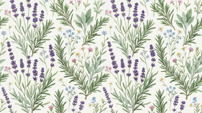Wallpaper Pattern Set - seamless lavender and herbs botanical pattern on white background, provence floral watercolor vector repeat texture