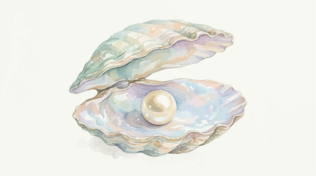 Pearl Set - open oyster shell with lustrous pearl, watercolor illustration isolated on white background