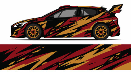 Rally car with dynamic red and gold camouflage design. © PS STOCK