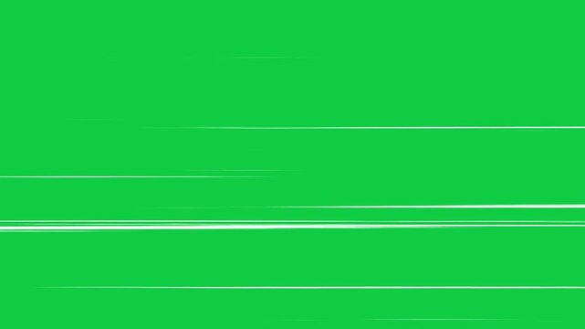 Abstract anime speed line background animation overlay. White radial comic light speed lines horizontal moving from right to the left on a green screen background