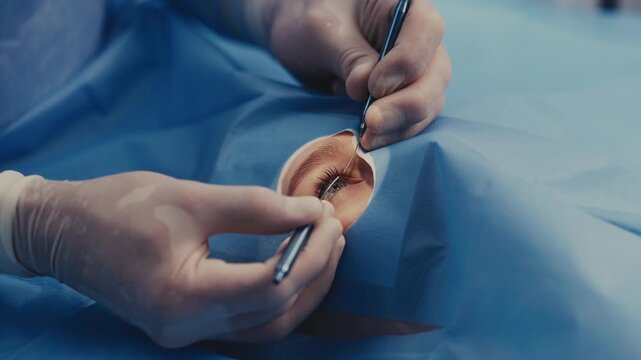 Surgical procedure for eye treatment with gloved hands using instruments on a patient under blue sterile drapes in a clinical environment