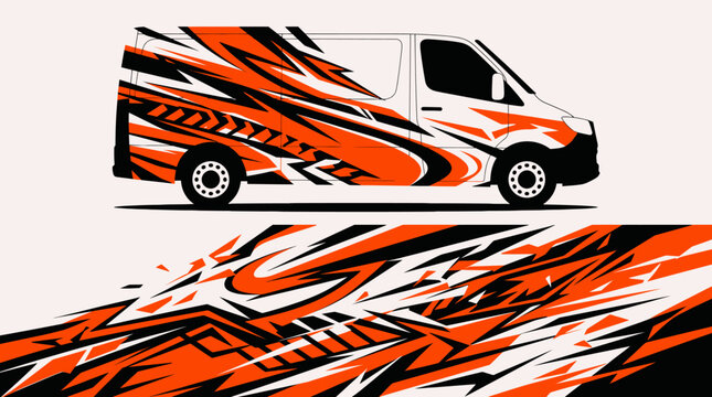 White van with dynamic orange and black racing graphics.