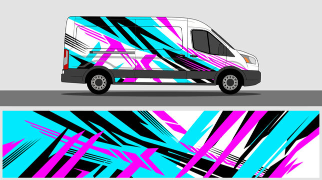 Colorful abstract van wrap design with dynamic patterns.