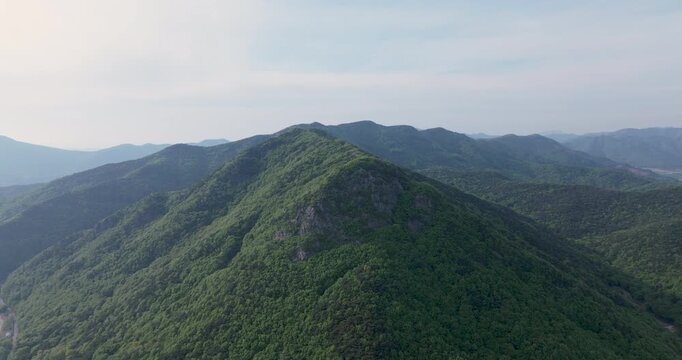 Aerial view of Boryeongho Lake and green mountains, South Korea
