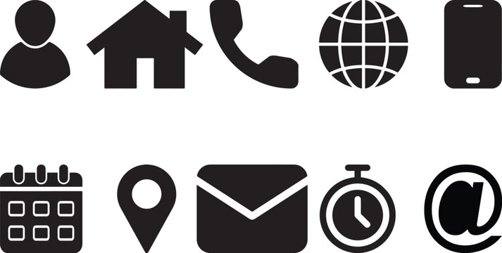 Set of ten solid black contact and communication featuring a user, house, phone, globe, smartphone, calendar, location pin, envelope, timer, and at symbol on a white background