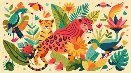 Obraz premium Vibrant jungle animals and exotic flora illustration seamless pattern.
