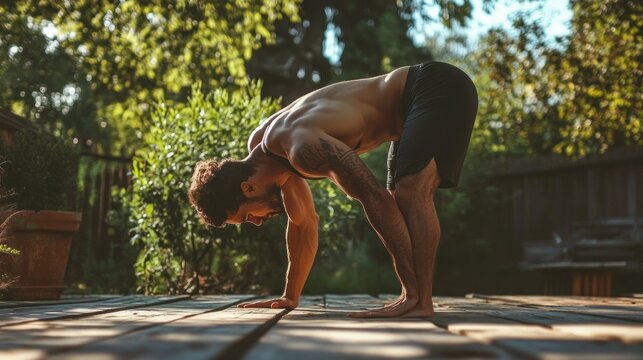 Man practicing yoga outdoors.  Focus on flexibility, strength, and mindfulness in nature