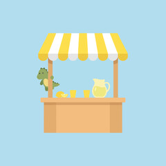 Obraz premium A cute green dinosaur stands at a small yellow lemonade stand