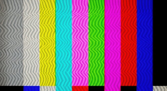 Classic television test pattern with vertical color bars and static noise