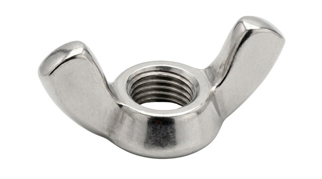 Stainless steel wing nut on white background, metallic butterfly nut fastener for industrial hardware, shiny chrome threaded wingnut for manual tightening