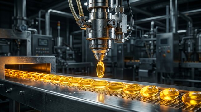 Automatic pharmaceutical machine processing yellow softgel capsules on a factory conveyor belt. Macro view of bright translucent vitamin or fish oil pills. Concept of healthcare, medical industry, and