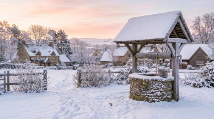 Fototapeta premium Picturesque stone well in snowy village during winter sunset with seasonal landscape traditional