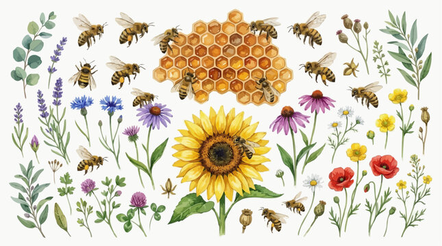 Bee Watercolor Collection with Honeycomb Sunflower and Garden Flowers Set