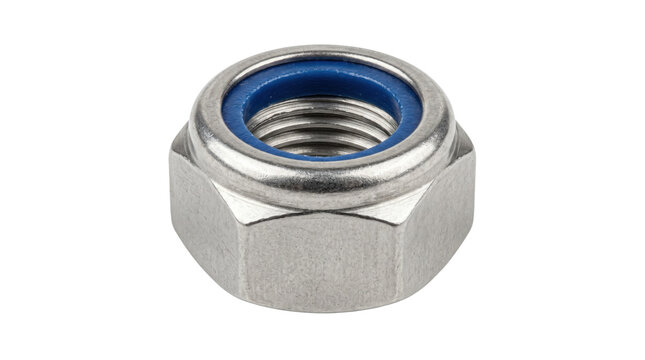 Stainless steel nyloc nut with blue nylon insert, industrial hexagonal locking nut, silver metallic fastener for mechanical engineering and construction