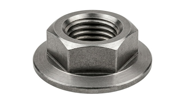 Industrial stainless steel flange nut, metallic hexagonal fastener with internal screw thread, heavy duty steel hardware for construction and engineering