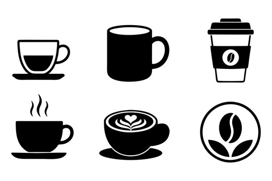 Black and white coffee cup icons and caffeine beverage silhouettes