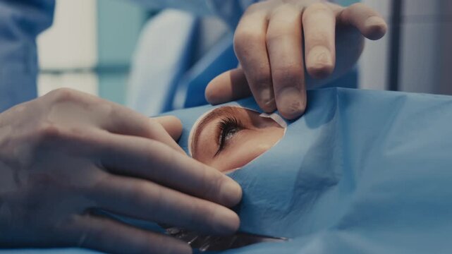 Medical professional performing surgical procedure on patients eye, carefully adjusting surgical drape and maintaining sterile environment in operating room setting
