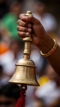 Woman hand ringing ritual brass bell during ceremony. Hindu religious practice for prayer and worship. Cultural devotion and spirituality at Ganesh Chaturthi event. Vertical video