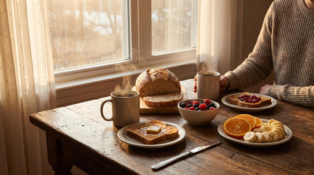 Cozy morning breakfast by sunlit window with bread, fruit, jam toast and cups held in hands