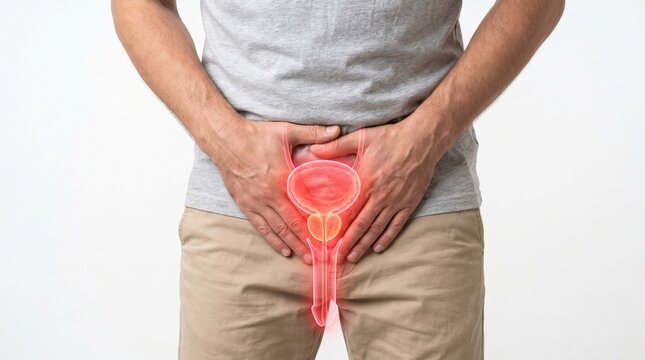 Mann mit rot leuchtender anatomischer Darstellung von Blase und Prostata. Konzept f&uuml;r Prostatabeschwerden, Harnwegsinfektion, Urologie und M&auml;nnergesundheit
