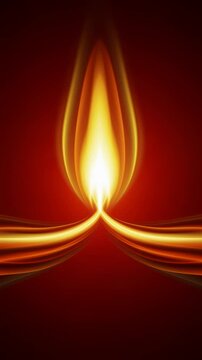 Glowing oil lamp diya flame against dark red background. Abstract digital light swirl for Ganesh Chaturthi celebration, Diwali festival and spiritual ritual. Vertical video