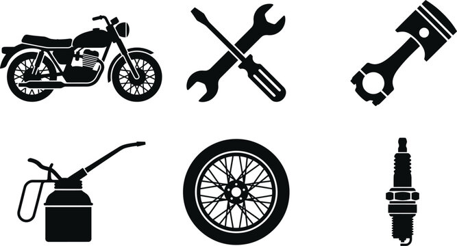 Motorcycle parts and tools collection featuring a classic motorbike, repair wrench and screwdriver, engine piston, oil can, wheel, and spark plug.