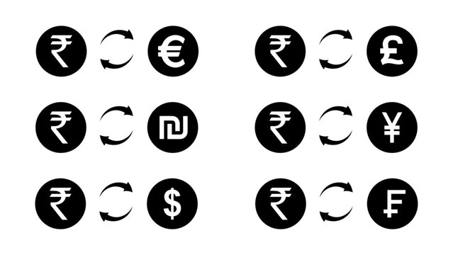 Indian Rupee to World Currency Exchange Icon Set &mdash; Rupee Converted to Euro, Pound, Shekel, Yen, Dollar and Franc