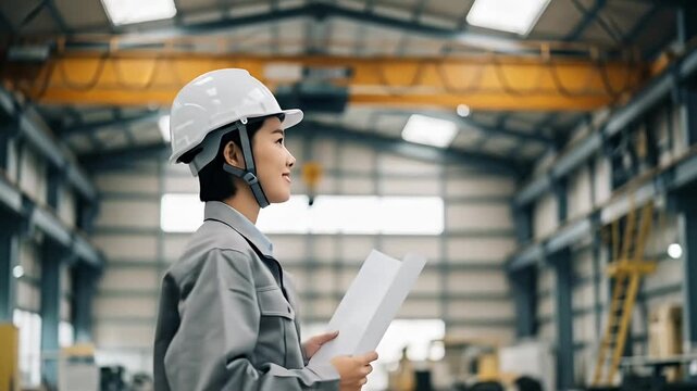 Female Asian industrial engineer wearing hard hat holding blueprints in factory