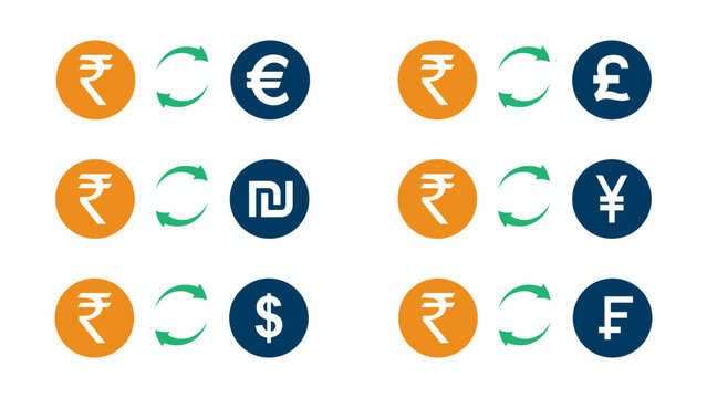 Indian Rupee to World Currency Exchange Icon Set &mdash; Colorful Orange and Navy Blue with Rupee Converted to Euro, Pound, Shekel, Yen, Dollar and Franc