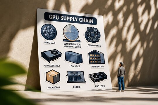 GPU Supply Chain Infographic with Semiconductor Manufacturing Logistics and Retail
