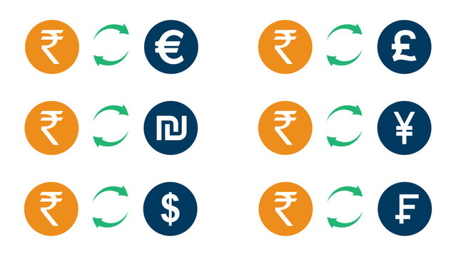 Indian Rupee to World Currency Exchange Icon Set &mdash; Colorful Orange and Navy Blue with Rupee Converted to Euro, Pound, Shekel, Yen, Dollar and Franc