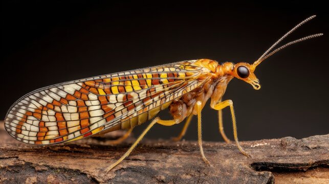 Detailed macro photograph of a colorful scorpionfly insect showcasing intricate wing patterns and elongated head on a textured surface