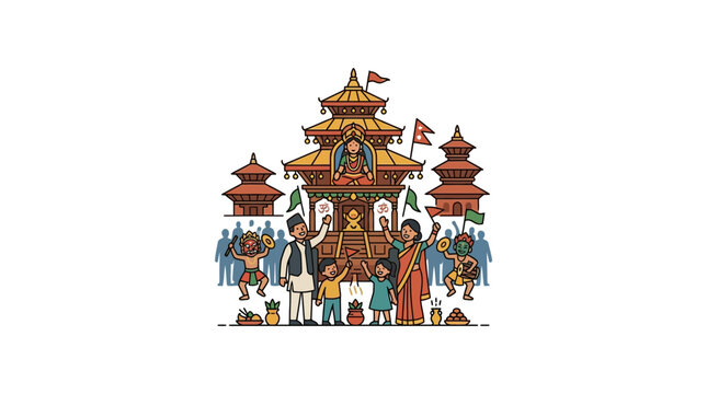 Illustration of Indra Jatra Festival Celebration with Traditional Nepali Architecture