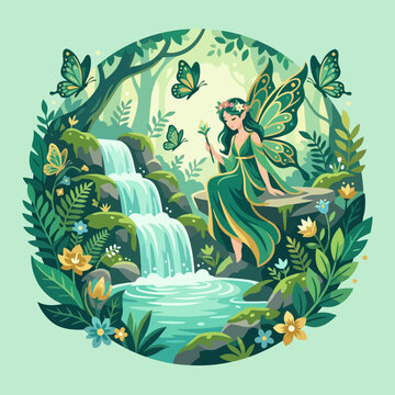Fairy sitting near a waterfall in a magical green forest