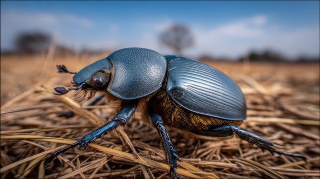 Detailed macro view of a blue dung beetle intensely focused on rolling its ball of excrement across dry grassland