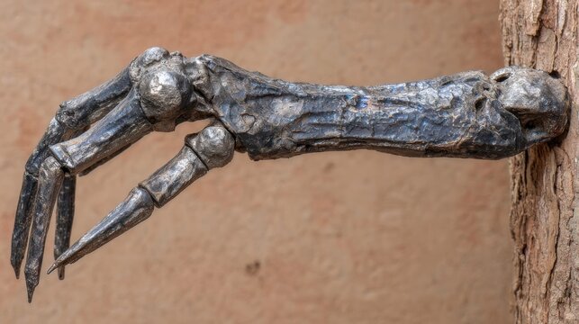 Detailed macro view of a metallic insect leg joint, showcasing its articulated chitinous structure