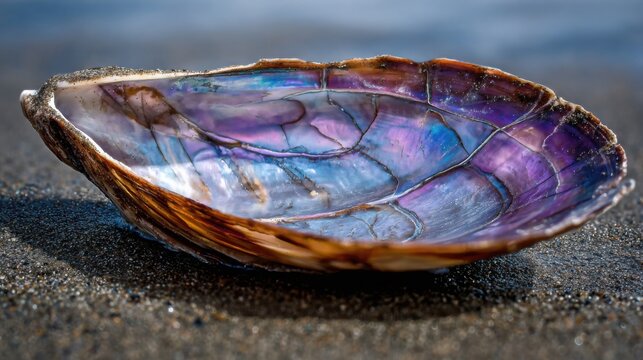 Exquisite Pearlescent Inner Lining of a Seashell Aperture on a Sandy Beach, Showcasing Iridescent Colors and Intricate Textures