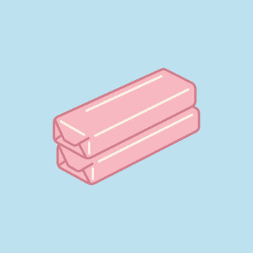 Two pink rectangular chewing gum sticks on a light blue background
