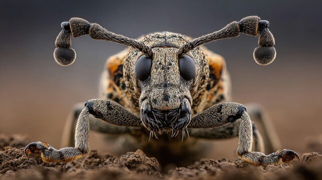 Extreme Close-Up of a Beetle's Head and Intricate Antennae with Detailed Texture and Compound Eyes