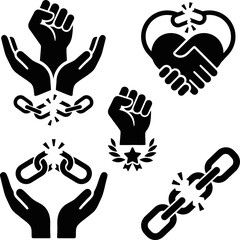 Fototapeta premium Human rights concept icons set depicting raised fist broken chains and joined hands symbolising freedom liberation empowerment social justice peace and unity collection.