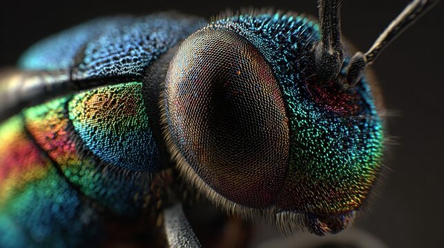 Extreme macro photograph of an iridescent insect's compound eye with detailed hexagonal tessellation showcasing vibrant metallic colors and textures